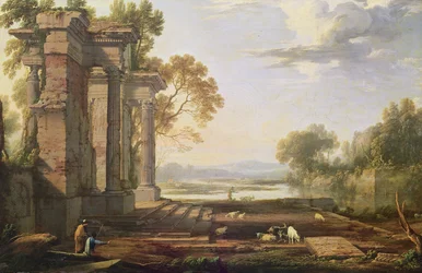 Landskab med nedgående sol